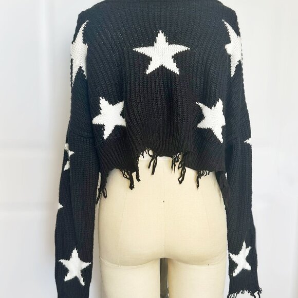 Oversized Cropped Black Sweater with White Stars, Just Polly Womens Size Medium - Picture 10 of 14